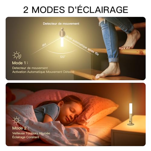 Applique Murale LED Rechargeable sans Fil avec Détecteur de Mouvement en Bois
