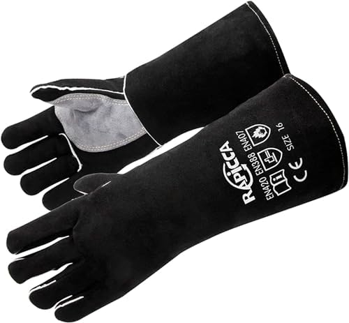 RAPICCA Gants de Soudage en Cuir Résistant à la Chaleur/au feu pour Bâton, Mig, Tig, Forge, Barbecue, Gril, Cheminée, Poêle à bois, four,Marmite