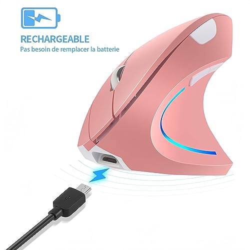 WREWING Souris verticale ergonomique sans fil 2,4 GHz avec 4 DPI réglables 800/1200/1600/2400, 6 boutons, compatible avec PC, bureau et Mac - Rose