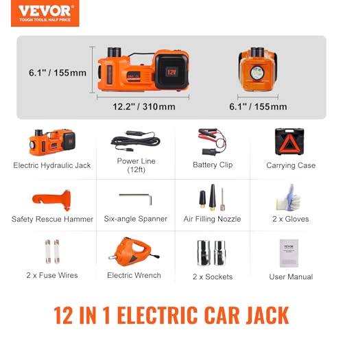 VEVOR Cric Hydraulique Électrique 5 T 12 V DC Cric de Levage avec Lampe LED Gonfleur de Pneus Coffret pour Dépannage Routière Démonte-Pneus