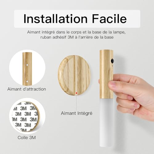 Applique Murale LED Rechargeable sans Fil avec Détecteur de Mouvement en Bois