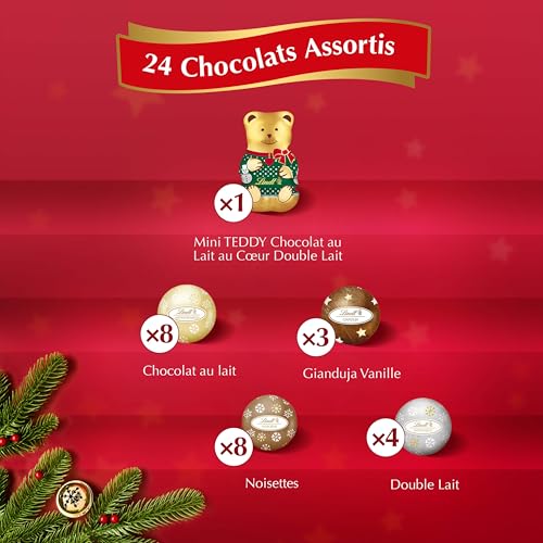Lindt - Calendrier de l'Avent TEDDY -Assortiment de Chocolats au Lait - Idéal pour Noël, 124g