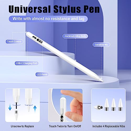 TiMOVO Stylet à Écran Tactile, Stylet à Charge Rapide Compatible avec iPad/iPhone/Android/iOS/Samsung/Xiaomi Tablettes, Stylet Écran Capacitif avec Affichage de Puissance, Blanc