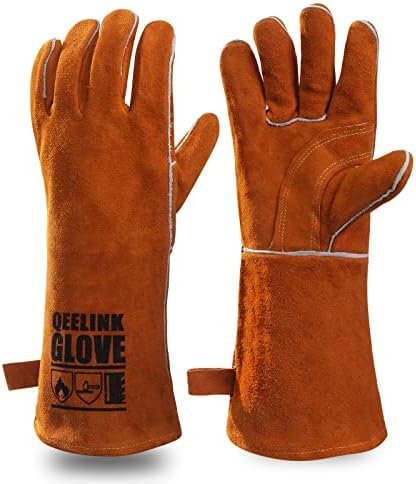 QeeLink Gants de soudage – Résistant à la chaleur et à l'usure en cuir doublé et coutures ignifuges – pour soudeurs/cheminée/barbecue/jardinage