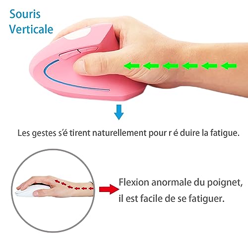 WREWING Souris verticale ergonomique sans fil 2,4 GHz avec 4 DPI réglables 800/1200/1600/2400, 6 boutons, compatible avec PC, bureau et Mac - Rose