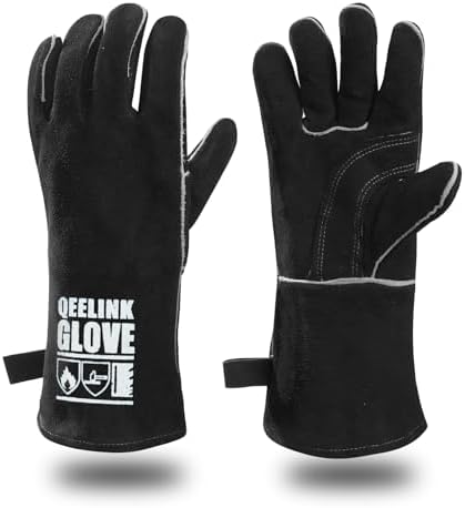 QeeLink Gants de soudage – Résistant à la chaleur et à l'usure en cuir doublé et coutures ignifuges – pour soudeurs/cheminée/barbecue/jardinage