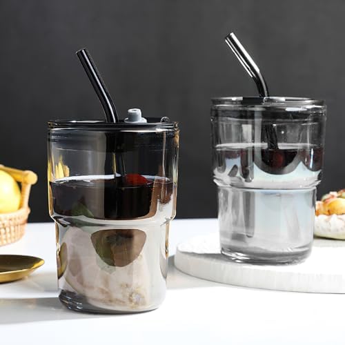 Lot de 2 Verres à Eau avec Couvercle et Paille