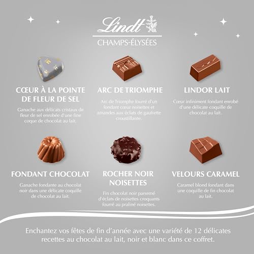 Lindt - Coffret CHAMPS-ÉLYSÉES Édition Diamant - 44 Chocolats Gourmands au Lait, Noir et Blanc, 468g