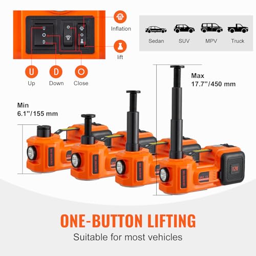 VEVOR Cric Hydraulique Électrique 5 T 12 V DC Cric de Levage avec Lampe LED Gonfleur de Pneus Coffret pour Dépannage Routière Démonte-Pneus