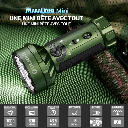 OLIGHT Marauder Mini Lampe Torche LED Ultra Puissante, 7000 Lumens Rechargeable RVB Lampe de Poche Tactique Militaire Puissante avec Projecteur et Diffuseur, IPX8 Étanche pour Camping(OD Vert)