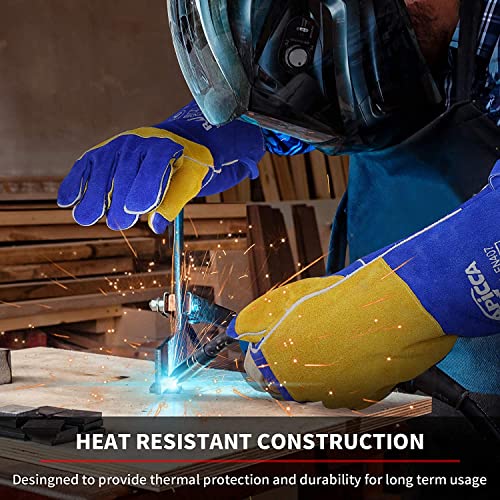RAPICCA Gants de Soudage en Cuir Résistant à la Chaleur/au feu pour Bâton, Mig, Tig, Forge, Barbecue, Gril, Cheminée, Poêle à bois, four,Marmite