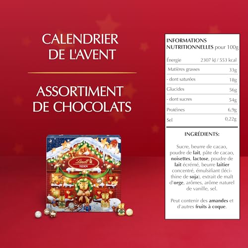 Lindt - Calendrier de l'Avent TEDDY -Assortiment de Chocolats au Lait - Idéal pour Noël, 124g