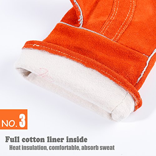 QeeLink Gants de soudage – Résistant à la chaleur et à l'usure en cuir doublé et coutures ignifuges – pour soudeurs/cheminée/barbecue/jardinage