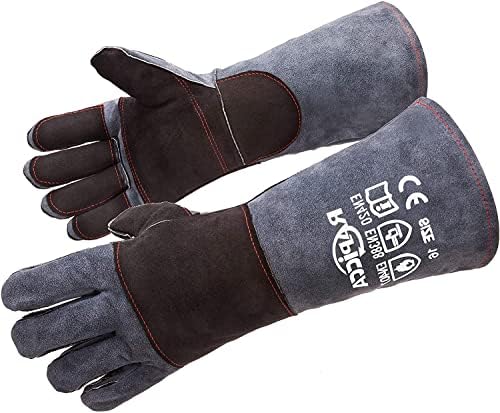 RAPICCA Gants de Soudage en Cuir Résistant à la Chaleur/au feu pour Bâton, Mig, Tig, Forge, Barbecue, Gril, Cheminée, Poêle à bois, four,Marmite