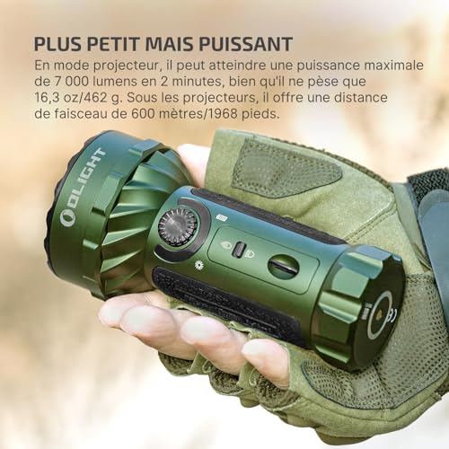 OLIGHT Marauder Mini Lampe Torche LED Ultra Puissante, 7000 Lumens Rechargeable RVB Lampe de Poche Tactique Militaire Puissante avec Projecteur et Diffuseur, IPX8 Étanche pour Camping(OD Vert)