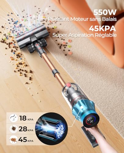 Aspirateur Balai sans Fil,60Mins Aspirateur sans Fil Puissant