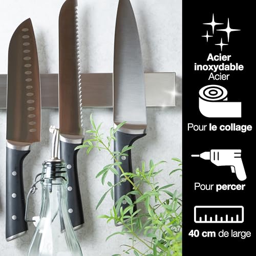 barre magnétique pour couteaux - rail universel, Acier inoxydable 40 cm
