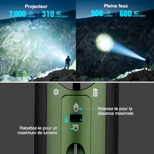 OLIGHT Marauder Mini Lampe Torche LED Ultra Puissante, 7000 Lumens Rechargeable RVB Lampe de Poche Tactique Militaire Puissante avec Projecteur et Diffuseur, IPX8 Étanche pour Camping(OD Vert)