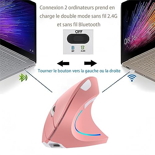 WREWING Souris verticale ergonomique sans fil 2,4 GHz avec 4 DPI réglables 800/1200/1600/2400, 6 boutons, compatible avec PC, bureau et Mac - Rose