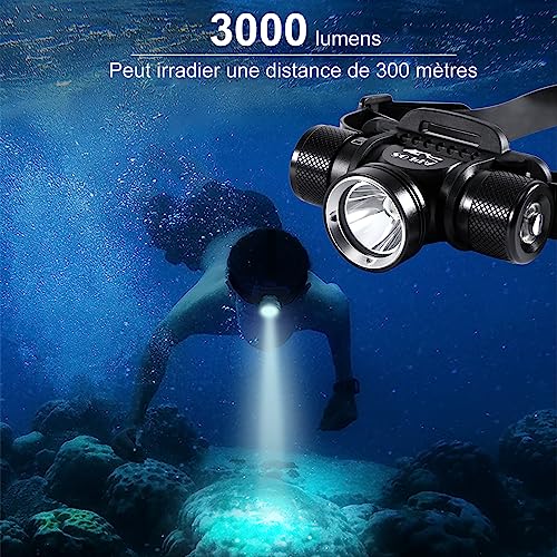 Lampe frontale de plongée - 3000 lumens Lampe Frontale Rechargeable étanche IP 68 pêche/chasse