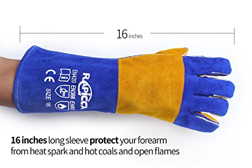 RAPICCA Gants de Soudage en Cuir Résistant à la Chaleur/au feu pour Bâton, Mig, Tig, Forge, Barbecue, Gril, Cheminée, Poêle à bois, four,Marmite