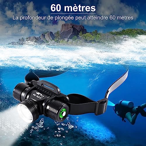 Lampe frontale de plongée - 3000 lumens Lampe Frontale Rechargeable étanche IP 68 pêche/chasse