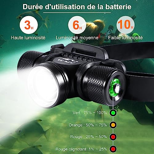 Lampe frontale de plongée - 3000 lumens Lampe Frontale Rechargeable étanche IP 68 pêche/chasse