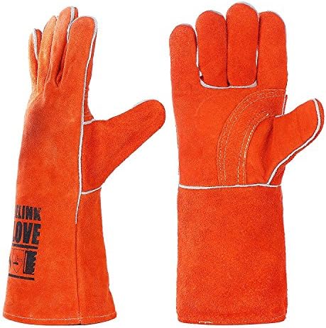 QeeLink Gants de soudage – Résistant à la chaleur et à l'usure en cuir doublé et coutures ignifuges – pour soudeurs/cheminée/barbecue/jardinage