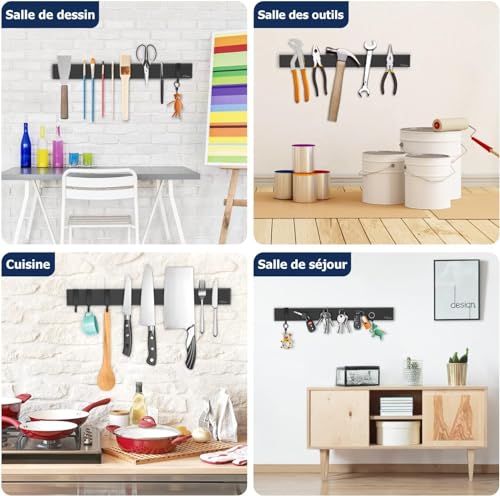 Porte Couteaux Aimanté Dmore avec 3 crochets, Range outeaux noire de 40 cm sans perçage