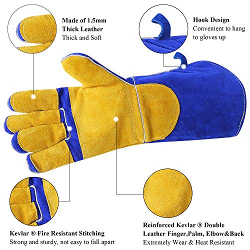 RAPICCA Gants de Soudage en Cuir Résistant à la Chaleur/au feu pour Bâton, Mig, Tig, Forge, Barbecue, Gril, Cheminée, Poêle à bois, four,Marmite