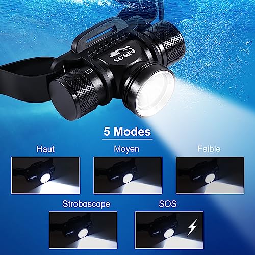 Lampe frontale de plongée - 3000 lumens Lampe Frontale Rechargeable étanche IP 68 pêche/chasse