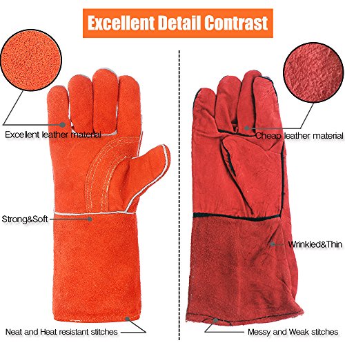 QeeLink Gants de soudage – Résistant à la chaleur et à l'usure en cuir doublé et coutures ignifuges – pour soudeurs/cheminée/barbecue/jardinage