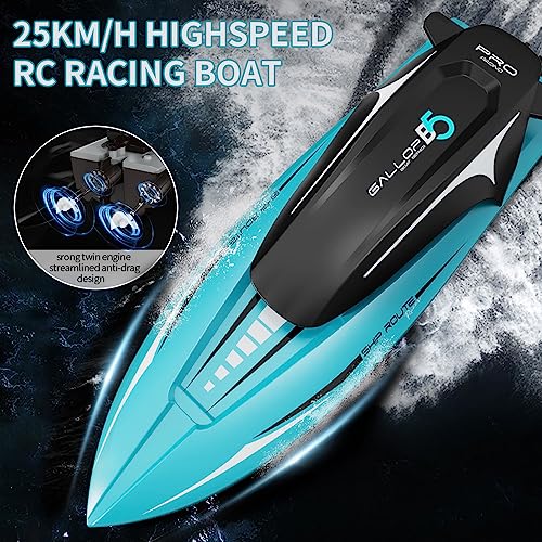 Bateau Telecommandé 2.4GHz Bateau,RC Racing Boat avec Lumière Éblouissante et 2 Batteries Anti - Collision