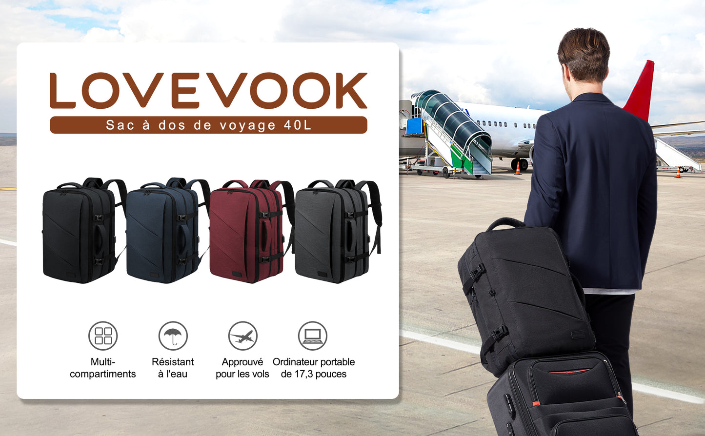 Sac à Dos Voyage Cabine Avion 40L Grand Bagage à Main Antivol Sac à Dos Ordinateur