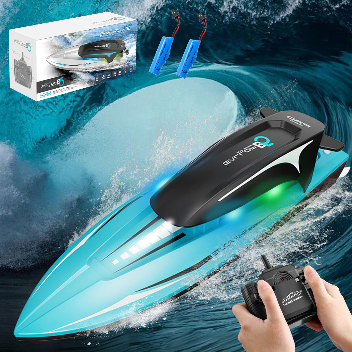 Bateau Telecommandé 2.4GHz Bateau,RC Racing Boat avec Lumière Éblouissante et 2 Batteries Anti - Collision