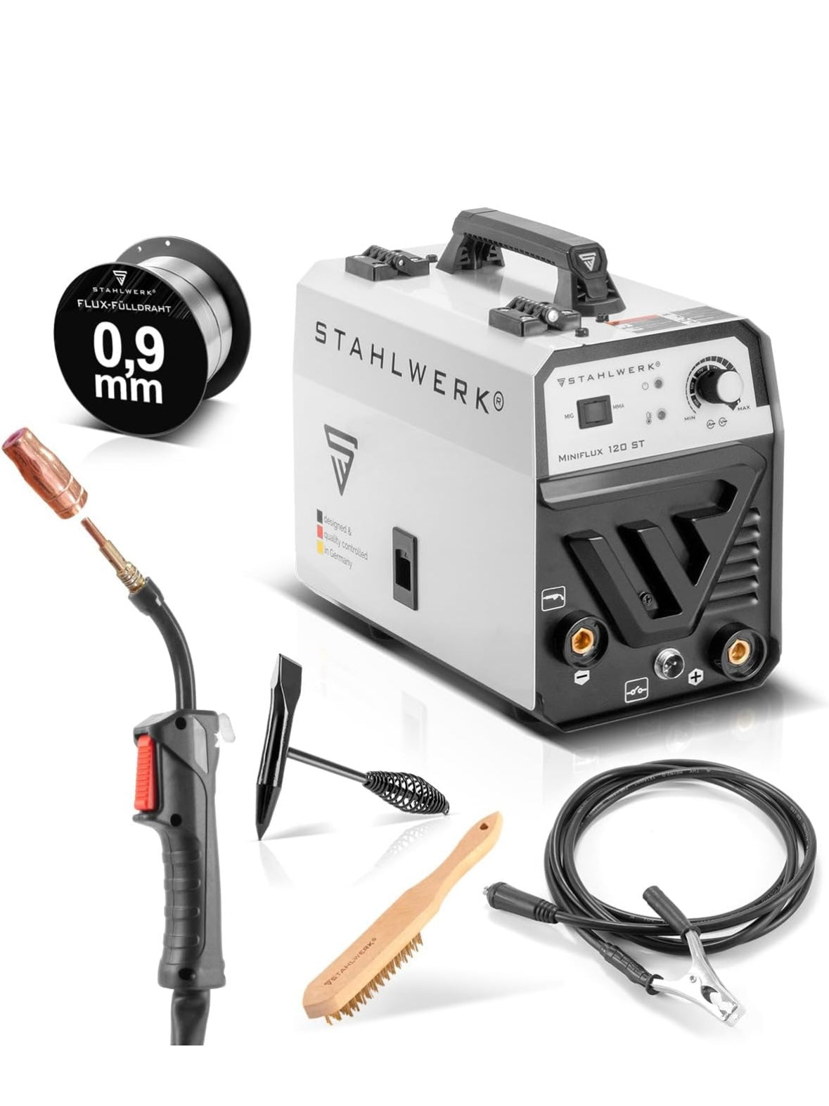 STAHLWERK Mini FLUX 120 ST Poste de soudage à fil fourré avec dévidoir synergique pour fil d'apport de 0,6 | 0,8 | 0,9 | 1,0 mm, onduleur compact avec véritable 120