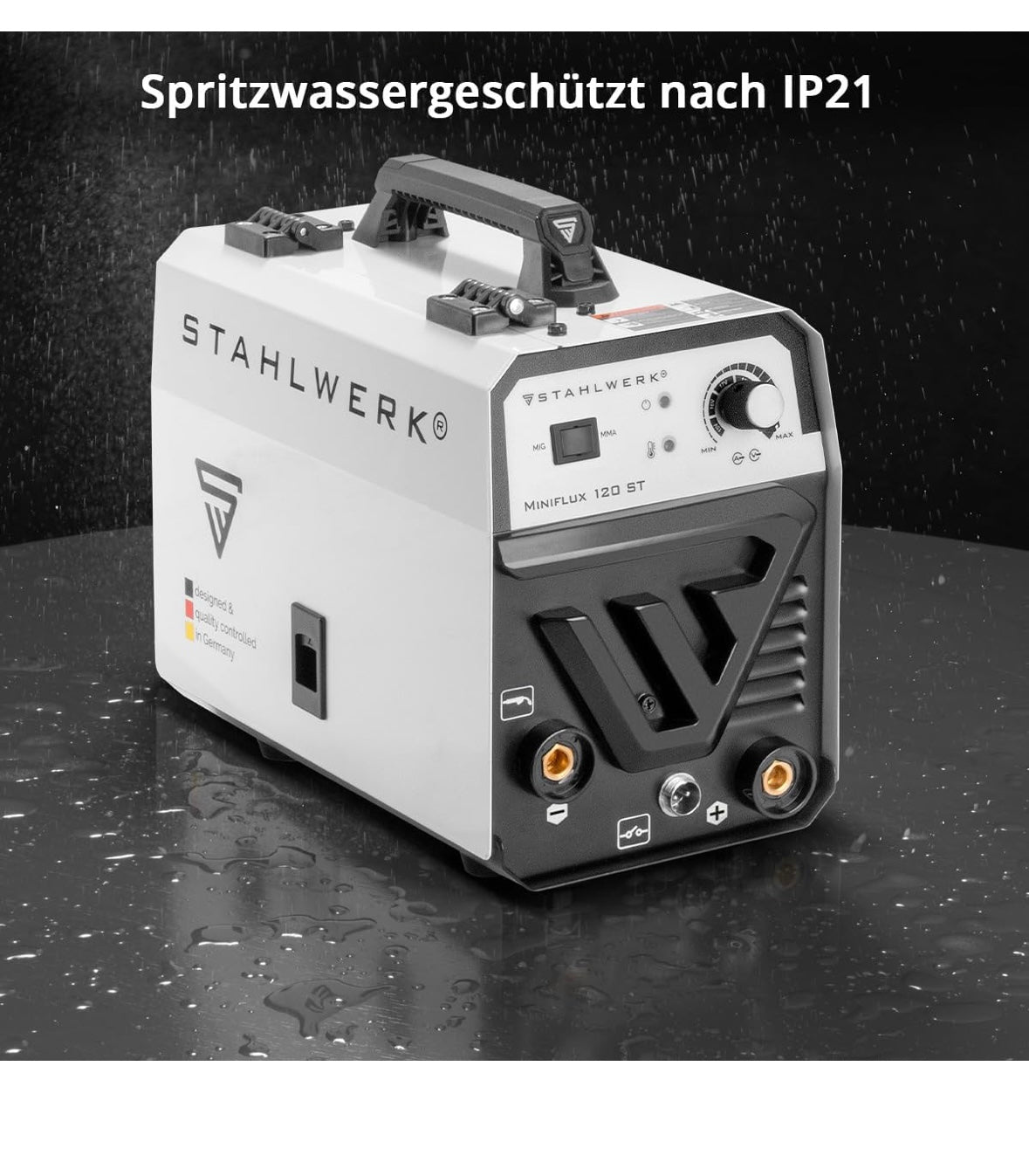 STAHLWERK Mini FLUX 120 ST Poste de soudage à fil fourré avec dévidoir synergique pour fil d'apport de 0,6 | 0,8 | 0,9 | 1,0 mm, onduleur compact avec véritable 120