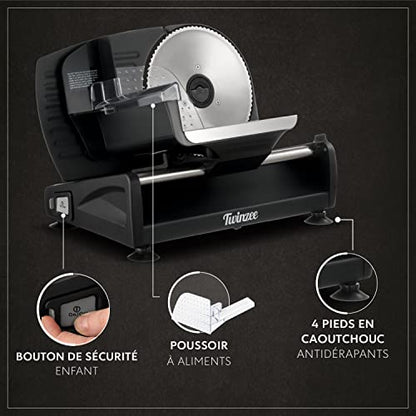Trancheuse Electrique 150W Twinzee - Trancheuse à Jambon Professionnelle Réglable 0-15mm - 2 Lames Coupe Saucisson, Pain et Viande Noir