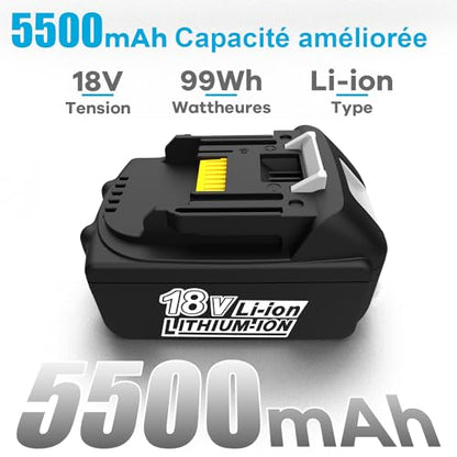2 Pièces 18V 5500mAh Batterie pour Makita Batterie 18V BL1850 BL1860 BL1840 BL1830