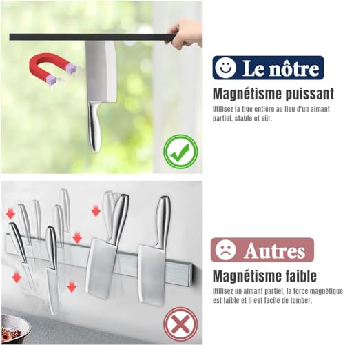 Porte Couteaux Aimanté Dmore avec 3 crochets, Range outeaux noire de 40 cm sans perçage