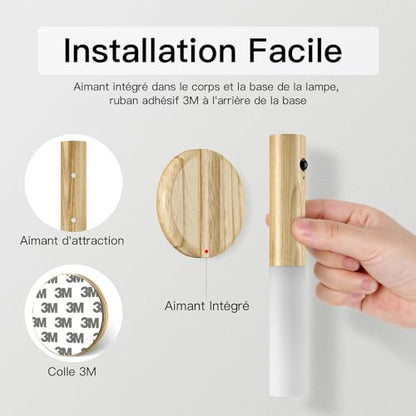 Applique Murale LED Rechargeable sans Fil avec Détecteur de Mouvement en Bois