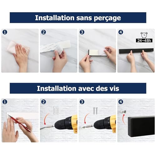 Porte Couteaux Aimanté Dmore avec 3 crochets, Range outeaux noire de 40 cm sans perçage