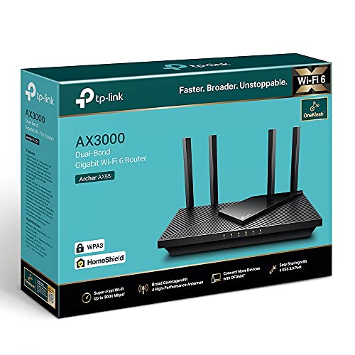 TP-Link Routeur WiFi 6 AX 3000 Mbps bi-bande, 5 ports Gigabit USB 3.0, 4 antennes à haute performance, OneMesh, WPA3, Contrôle parental, Antivirus intégré, (Archer AX55)