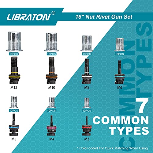 LIBRATON Pince a Rivet, 16" Pince a écrous à Rivets, Kit Professionnel Outil à Riveter avec 70 écrous et 7 mandrins métriques, Facile à remplacer, avec étui de Transport