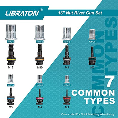 LIBRATON Pince a Rivet, 16" Pince a écrous à Rivets, Kit Professionnel Outil à Riveter avec 70 écrous et 7 mandrins métriques, Facile à remplacer, avec étui de Transport