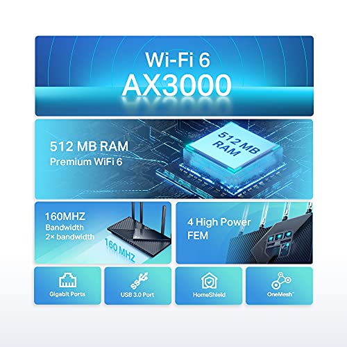 TP-Link Routeur WiFi 6 AX 3000 Mbps bi-bande, 5 ports Gigabit USB 3.0, 4 antennes à haute performance, OneMesh, WPA3, Contrôle parental, Antivirus intégré, (Archer AX55)