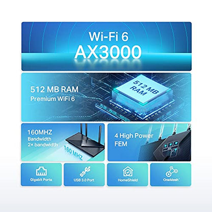 TP-Link Routeur WiFi 6 AX 3000 Mbps bi-bande, 5 ports Gigabit USB 3.0, 4 antennes à haute performance, OneMesh, WPA3, Contrôle parental, Antivirus intégré, (Archer AX55)