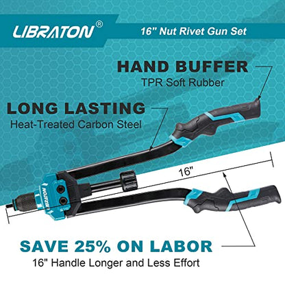 LIBRATON Pince a Rivet, 16" Pince a écrous à Rivets, Kit Professionnel Outil à Riveter avec 70 écrous et 7 mandrins métriques, Facile à remplacer, avec étui de Transport