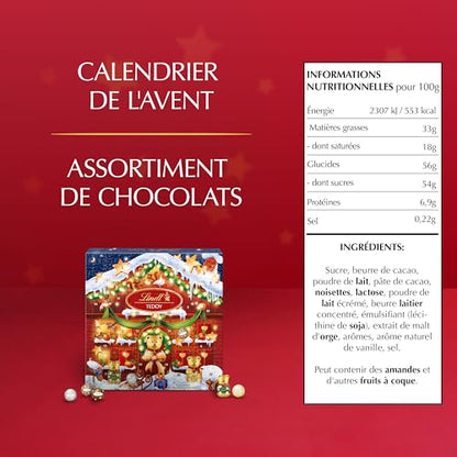 Lindt - Calendrier de l'Avent TEDDY -Assortiment de Chocolats au Lait - Idéal pour Noël, 124g