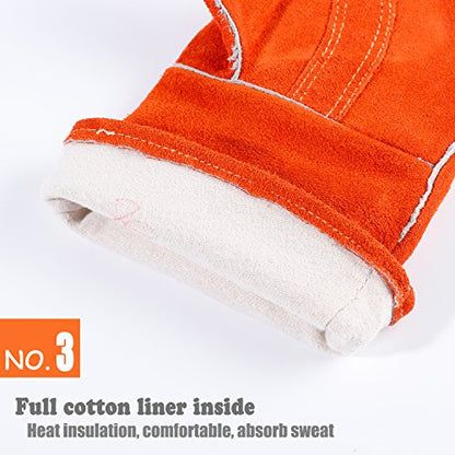 QeeLink Gants de soudage – Résistant à la chaleur et à l'usure en cuir doublé et coutures ignifuges – pour soudeurs/cheminée/barbecue/jardinage